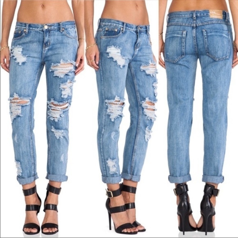 ONE TEASPOON Awesome Baggies Distressed Ripped Tapered Leg Denim Jeans Size 24